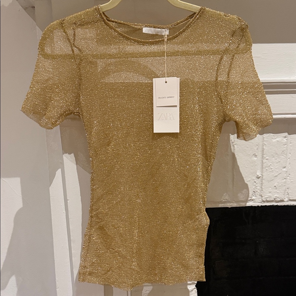 Zara Metallic Gold & Sparkle Short Sleeve Top